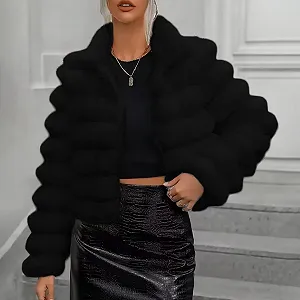 Женское пальто из искусственного меха Однотонное короткое с длинными рукавами synthetic.ua - Фото 1