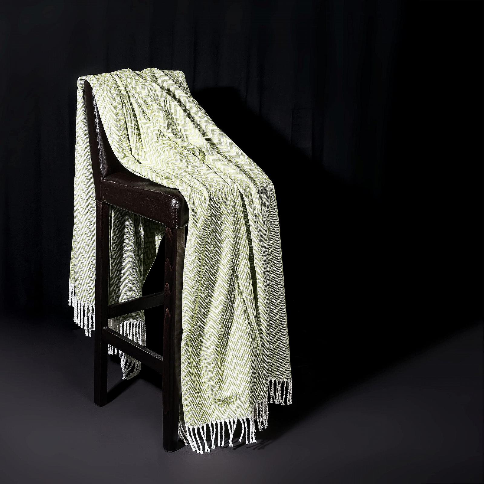 Покривало Moon Luxury Суміш бавовни 150 x 200 см Плед візерунок зигзаг з бахромою Білий/Світло-зелений, фото №3