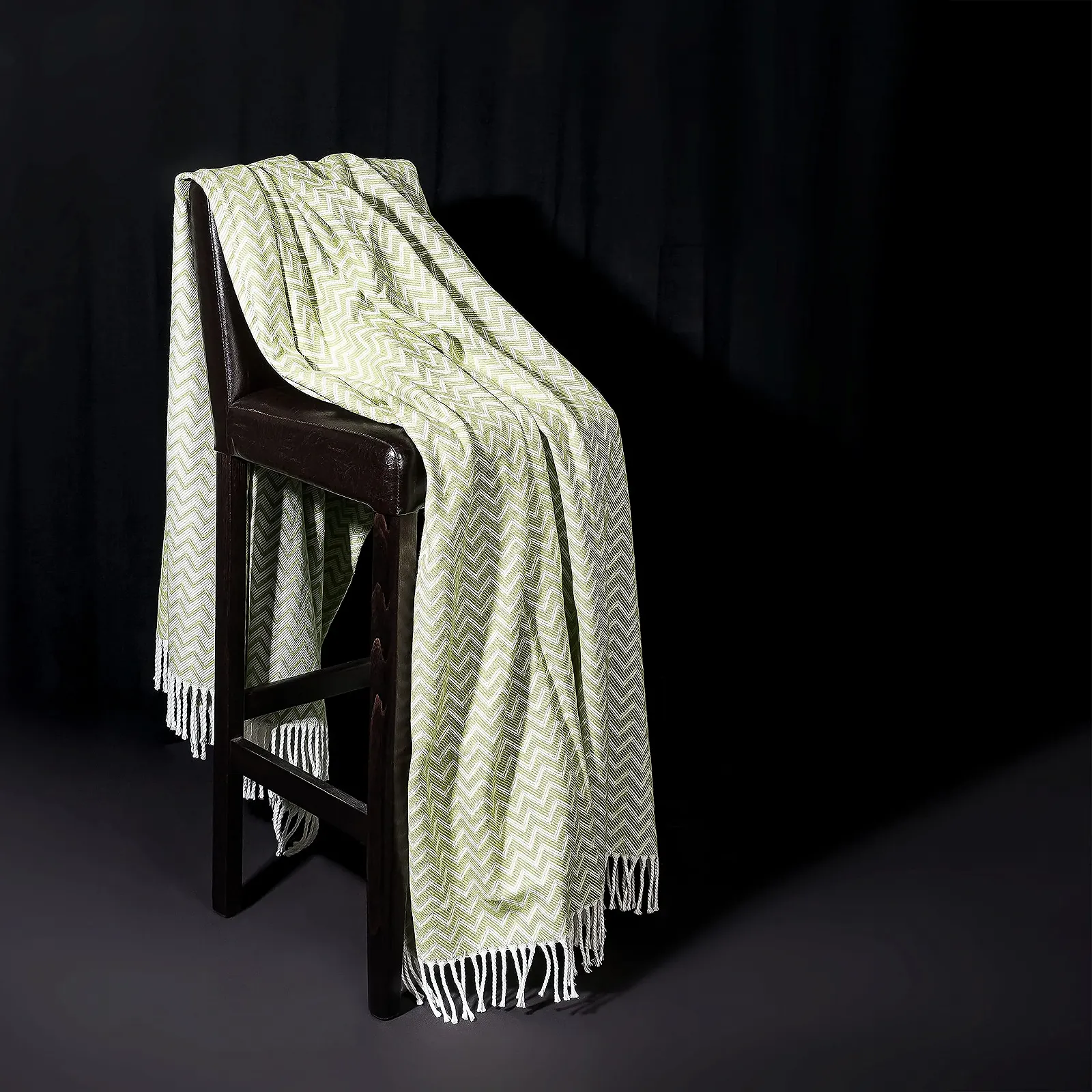 Одеяло Moon Luxury Смесь хлопка 150 x 200 см Плед узор зигзаг с бахромой Белый/Светло-зеленый, фото №3