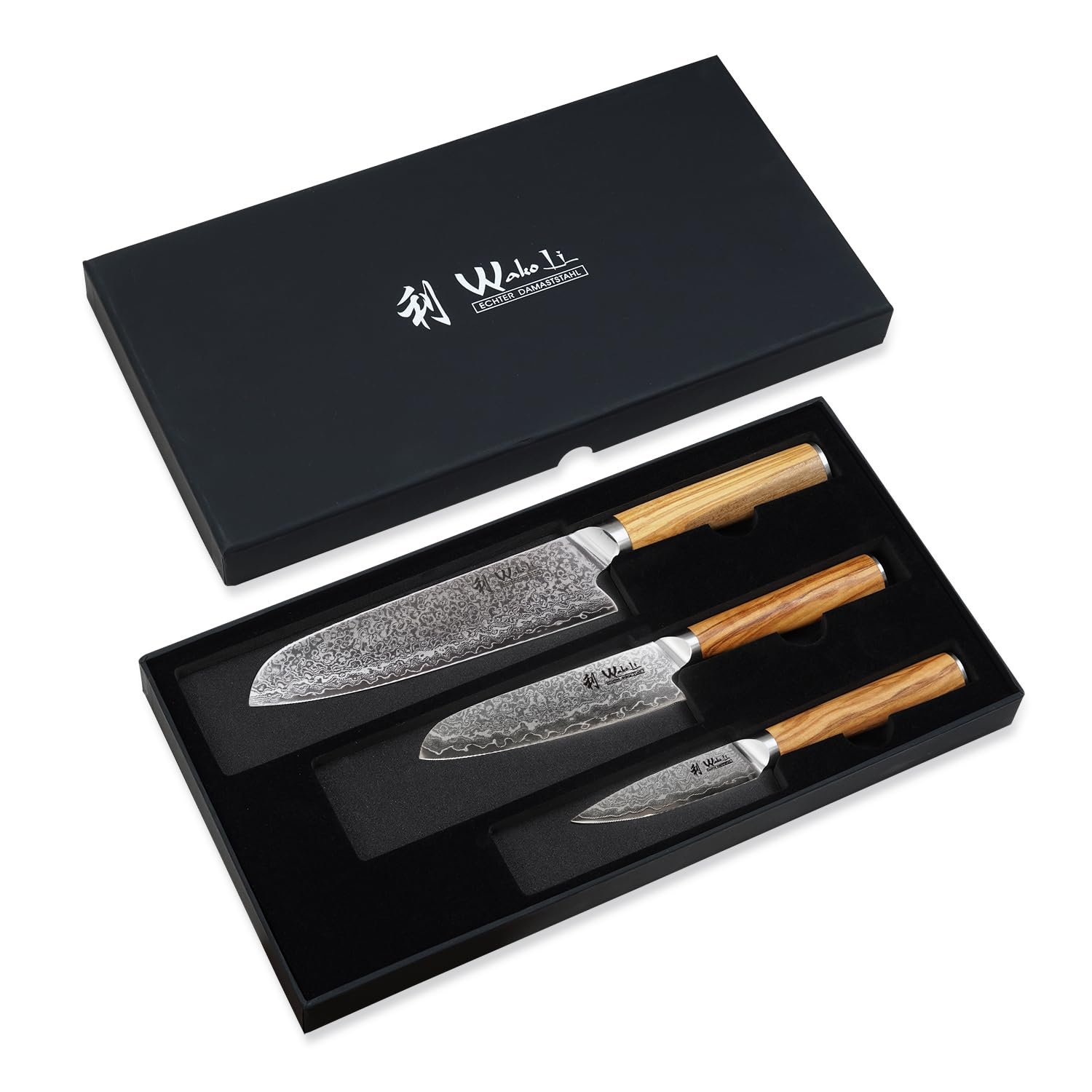 Набор ножей Wakoli Oribu Damask Kiritsuke, 3 шт, лезвия 11-20 см, 67 слоев, дамасская сталь, ручка оливковое дерево, фото №7