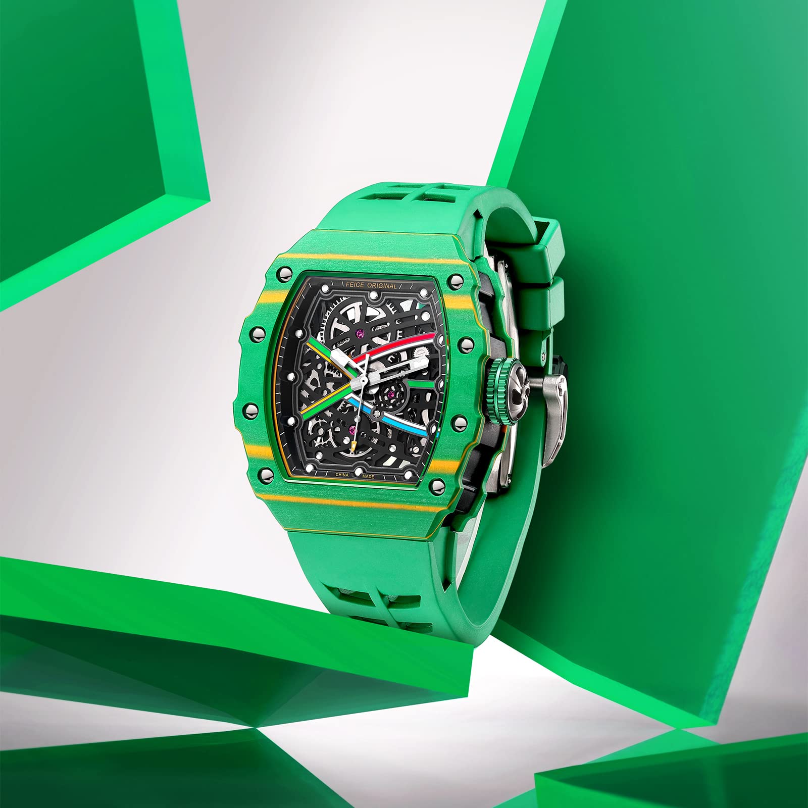 Часы FEICE Men's Automatic Skeleton Fluorine Rubber Waterproof Green Modern, фото №4