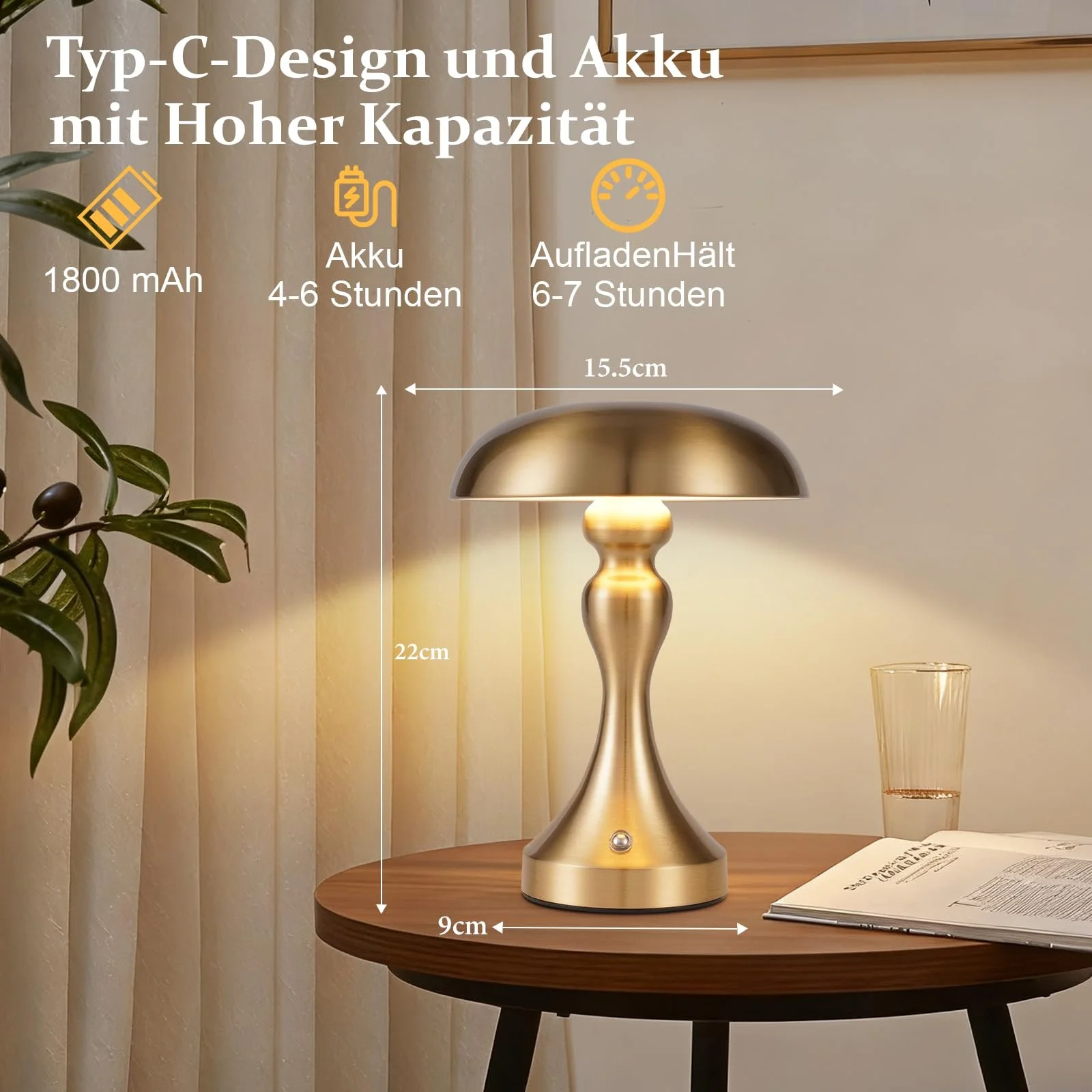 Настільна лампа LED акумуляторна сенсорна димована Vintage USB Золота бронза, фото №4