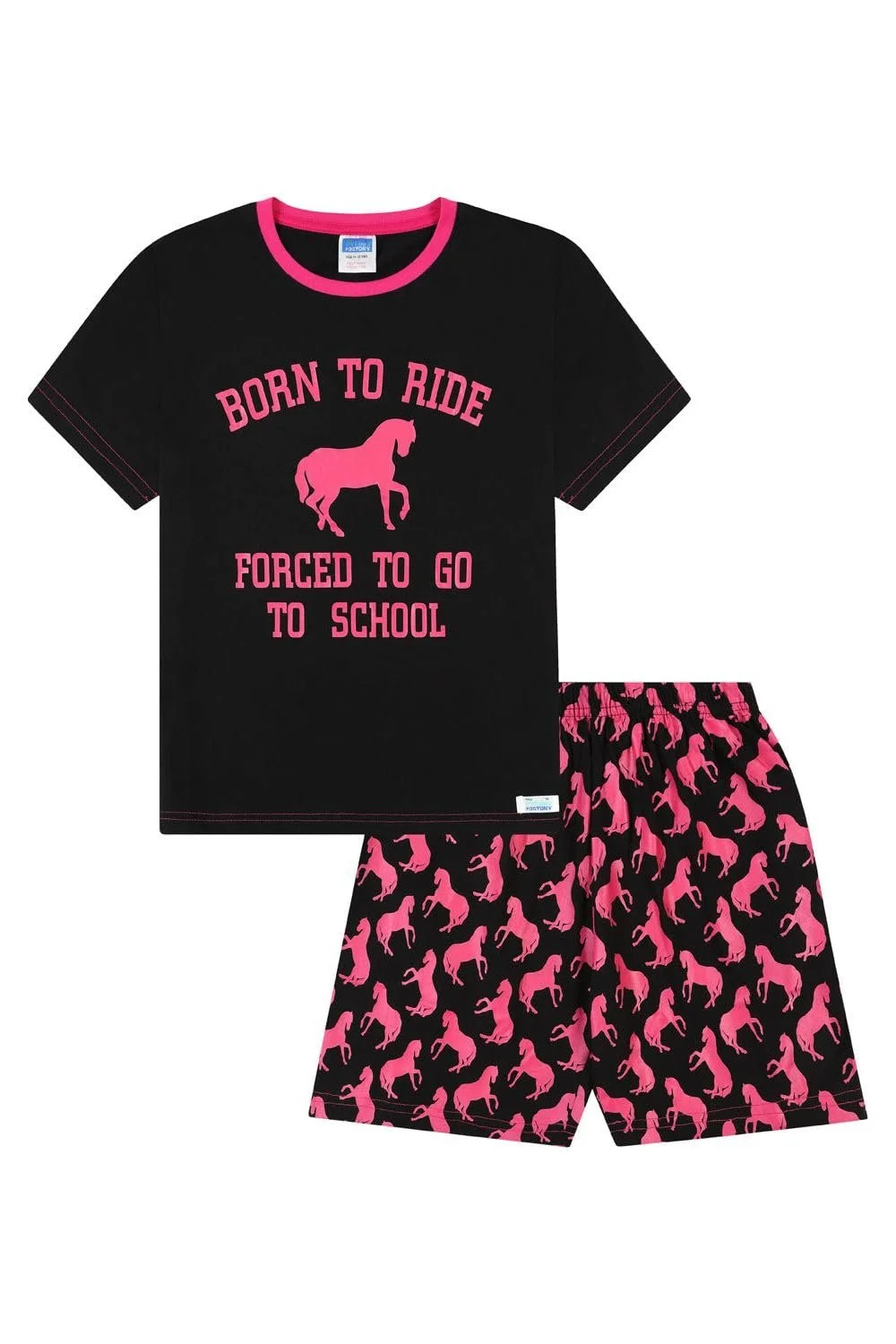 Пижама ThePyjamaFactory Для девочек Born to Ride Forced to Go to School Шорты Хлопок, фото №1 Пижама ThePyjamaFactory Для девочек Born to Ride Forced to Go to School Шорты Хлопок, фото №1