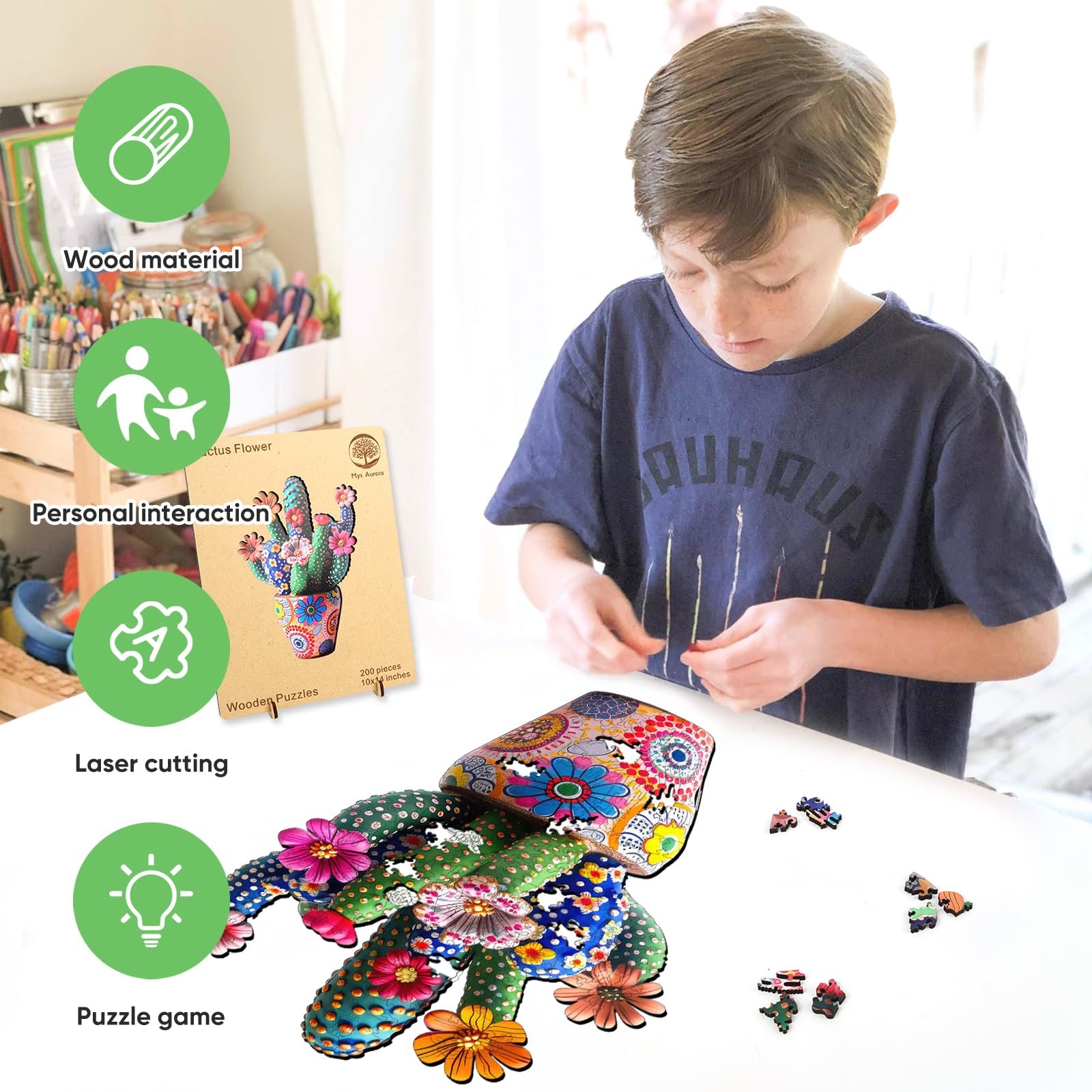 Дерев'яний пазл Mys Aurora Cactus Flower IQ 200 деталей 5 мм 25 x 29 см, фото №3