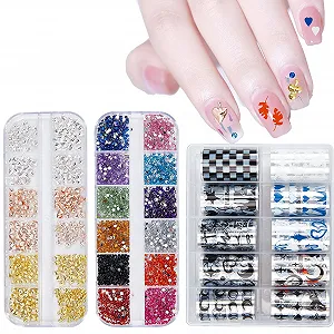 Набор для украшения ногтей NICENEEDED Бриллианты для ногтей, 10 рулонов фольги для переноса на ногти, 2 коробки 3D металлических бриллиантов и страз для ногтей для женщин и девушек DIY - Фото 1
