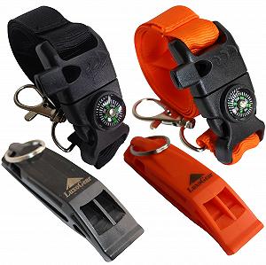 Свисток LuxoGear Wanderpfeife Sicherheitspfeife с компасом (2 шт.) - Шнурок - Огниво - Громкие свистки - Черный + Оранжевый - Фото 1