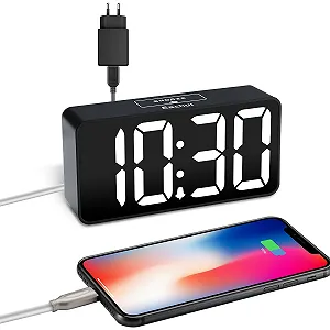 Цифровой будильник Eachui LED с USB портом для зарядки, большим дисплеем, регулировкой яркости и громкости, повтором сигнала, 12/24 ч, питание от сети, черно-белый synthetic.ua - Фото 1
