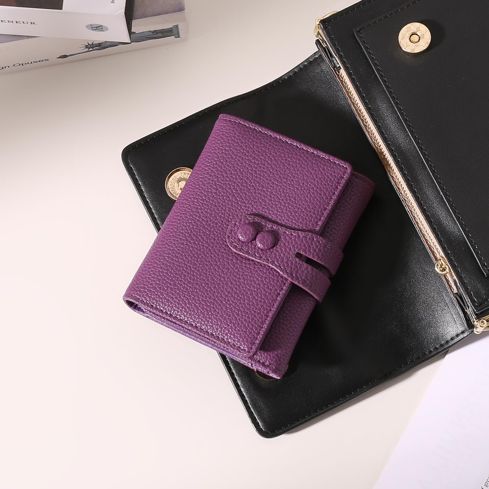 Кошелек SENDEFN Кожаный для женщин Трифолд Маленький RFID-защита Карман для монет на молнии Много отделений для карт Фиолетовый Винтаж, фото №6