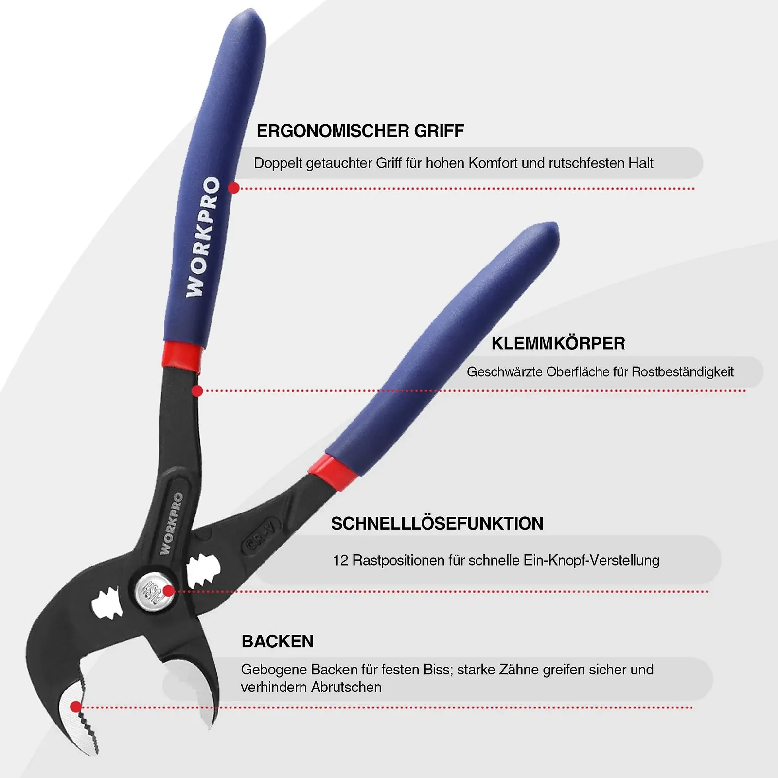 Набор плоскогубцев для водяного насоса WORKPRO 2 шт 180 мм и 250 мм Быстро регулируемые ручки для шланга Скользящее соединение с большой емкостью челюсти и нескользящей ручкой, фото №3
