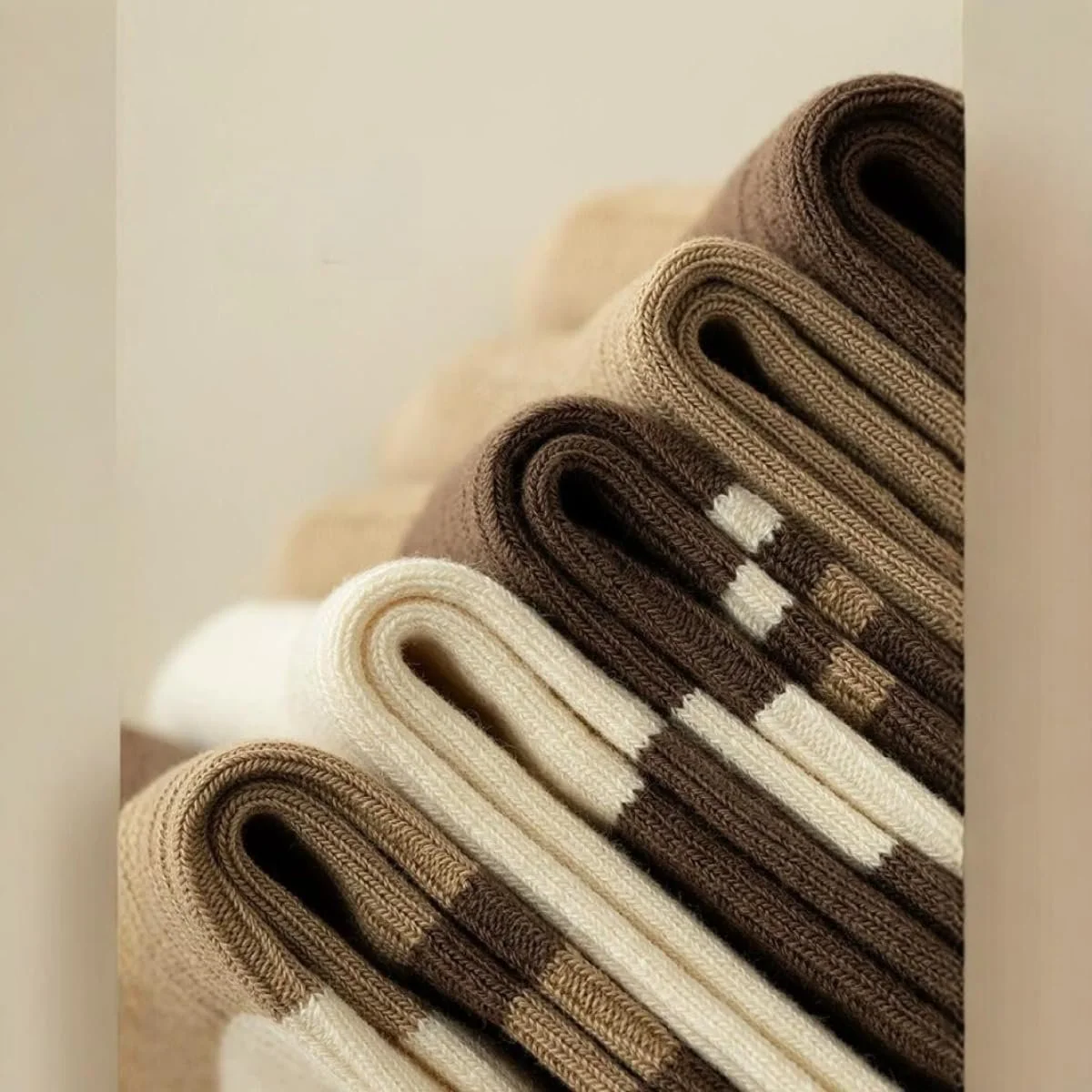 Женские носки в рубчик, набор 5 пар - коричневые и бежевые полоски, фото №2