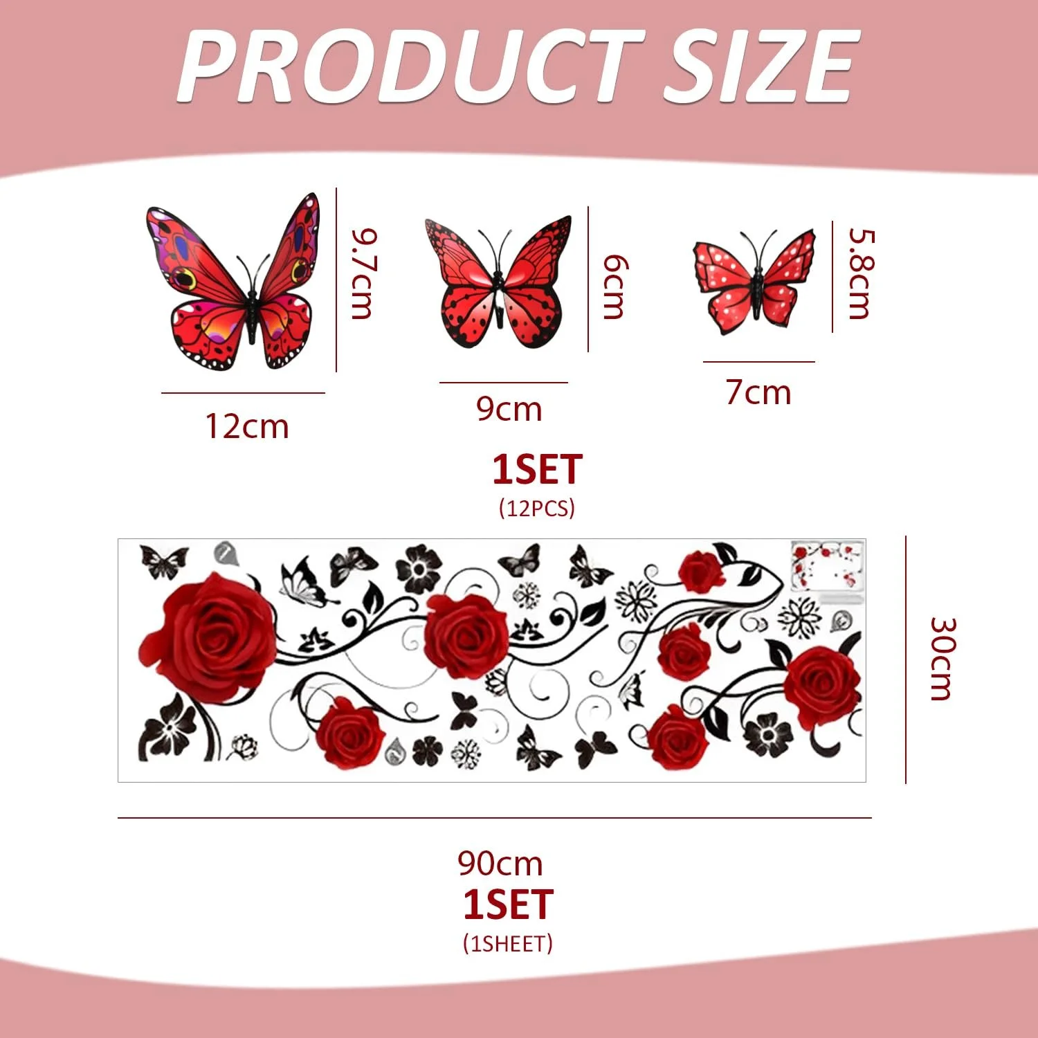 Наклейка на стіну Elee 1 Rose Wall Sticker and 12 3D Butterfly Wall Stickers Червона та чорна, фото №2
