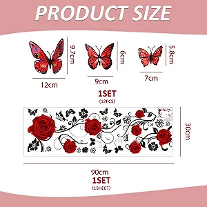 Наклейка на стіну Elee 1 Rose Wall Sticker and 12 3D Butterfly Wall Stickers Червона та чорна synthetic.ua - Фото 1