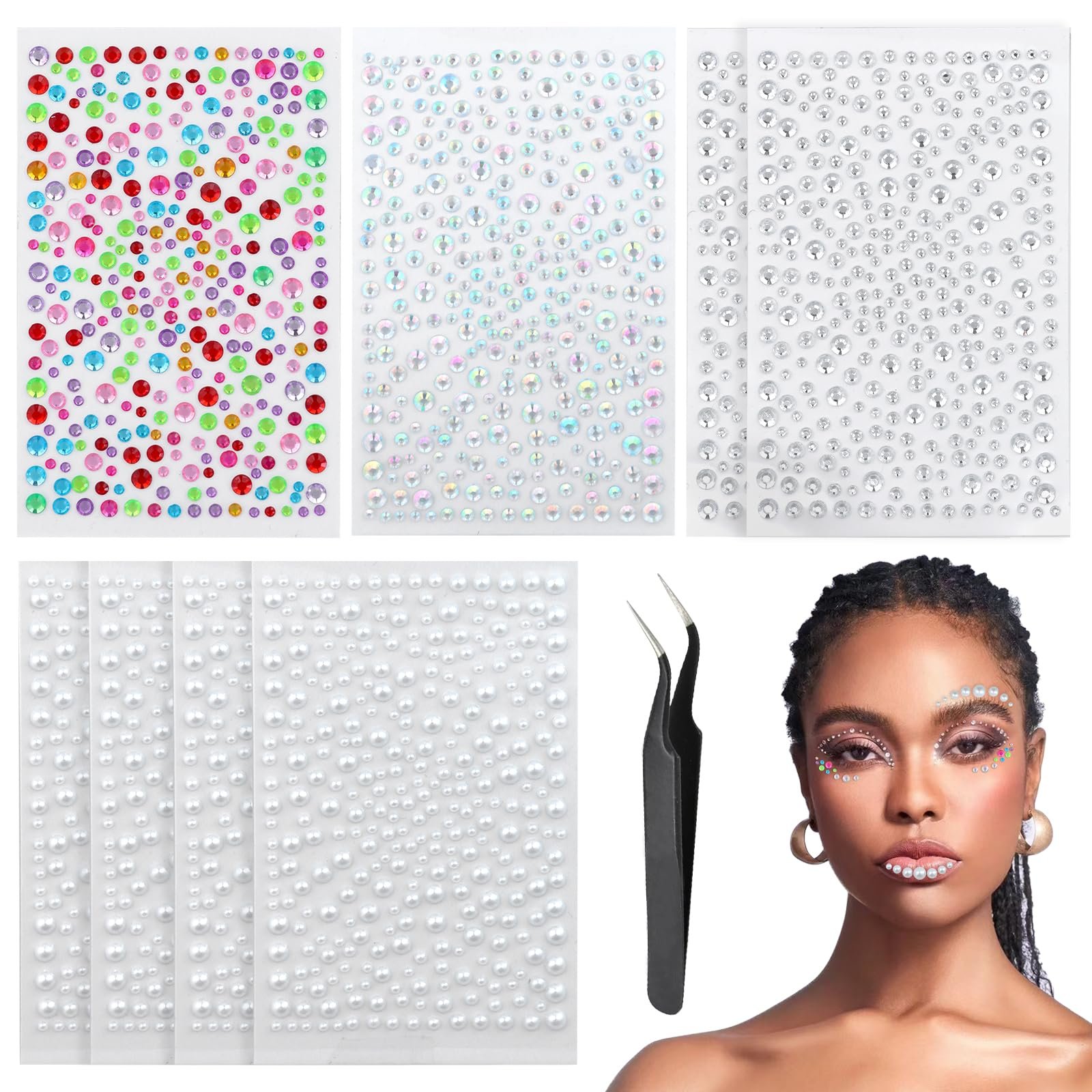 Самоклеящиеся блестящие камни 2600 штук, блестящие камни для лица 3-4-5-6 мм, полубусины со стразами с пинцетом для рукоделия, для макияжа лица, фото №1
