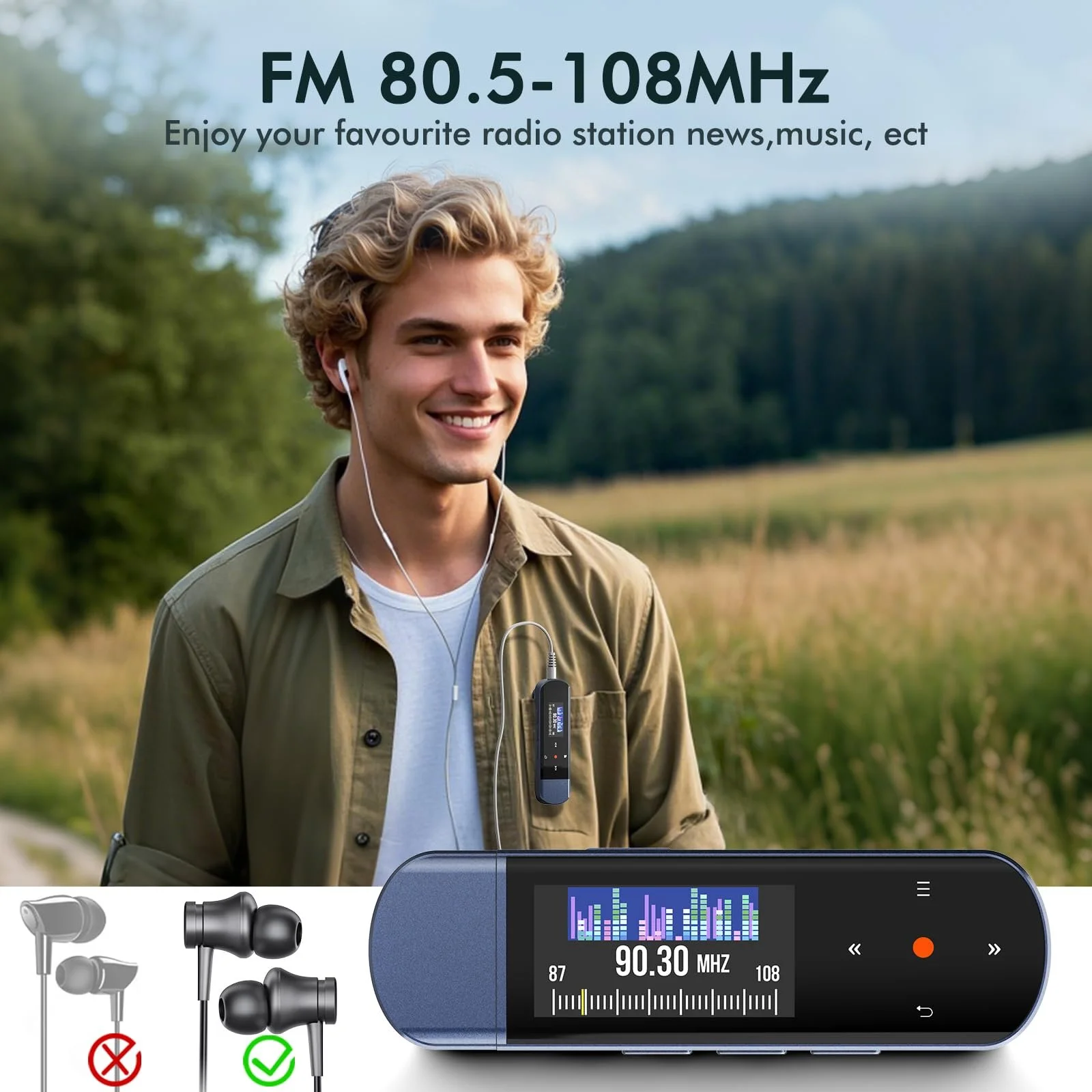 MP3-плеєр USB портативний 64 GB Bluetooth 5.3, з кліпсою для спорту та бігу, FM-радіо, диктофон, передача файлів з мобільного телефону та цифрове аудіо у випадковому порядку, фото №7