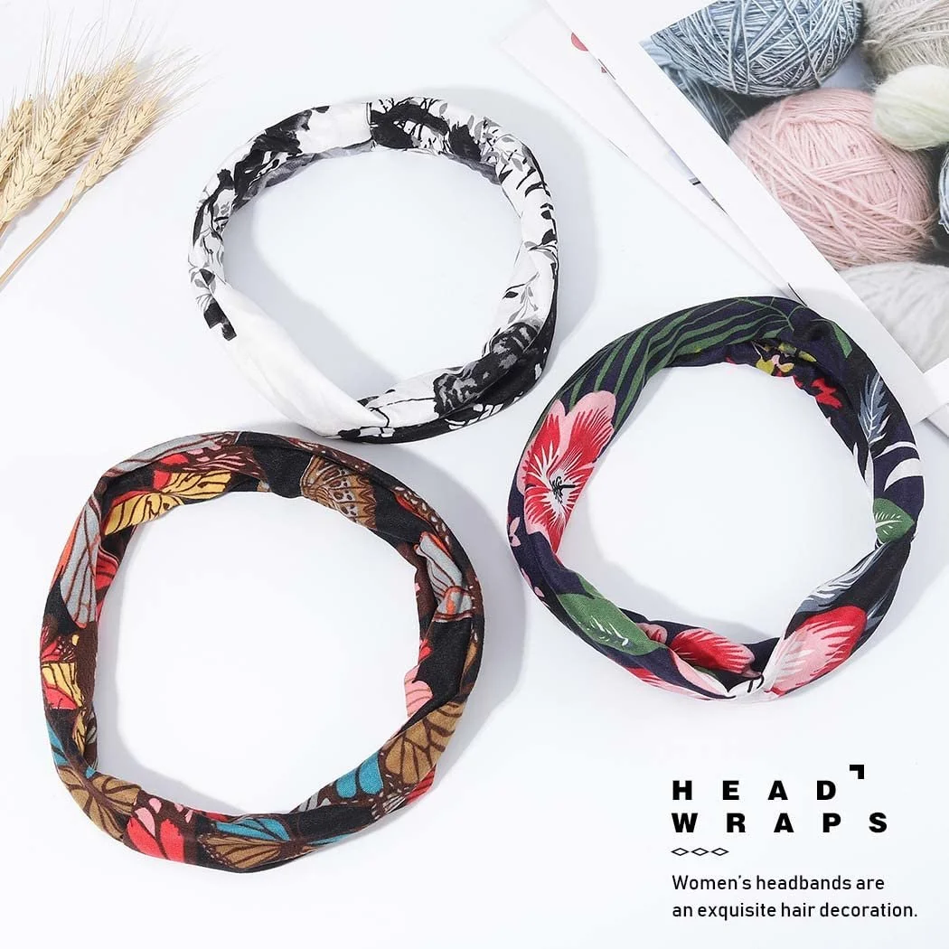 Пов'язка на голову в стилі бохо Чорна Еластична для жінок Широка З квітковим принтом, фото №4