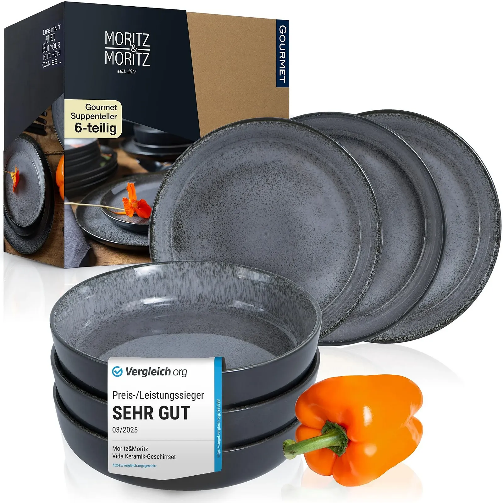 Тарелка для супа Moritz & Moritz VIDA Набор из 6 штук Антрацит для 6 человек, фарфоровая, фото №1