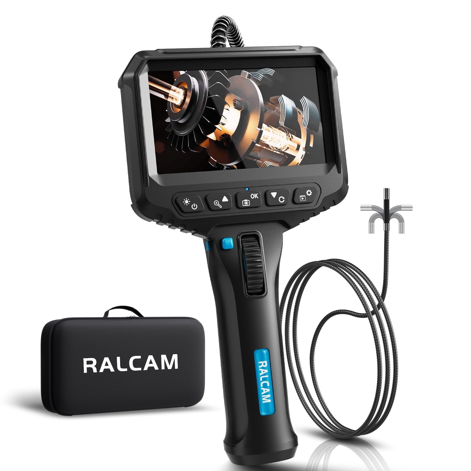 Эндоскопическая камера Ralcam с подсветкой, 6,2 мм Двунаправленная инспекционная камера 210°, 4,3-дюймовая 1280 x 720P трубчатая камера, IP67 водонепроницаемая, 1 м гибкая канализационная камера, телескопическая камера, инструменты для установки в автомобиле, фото №1