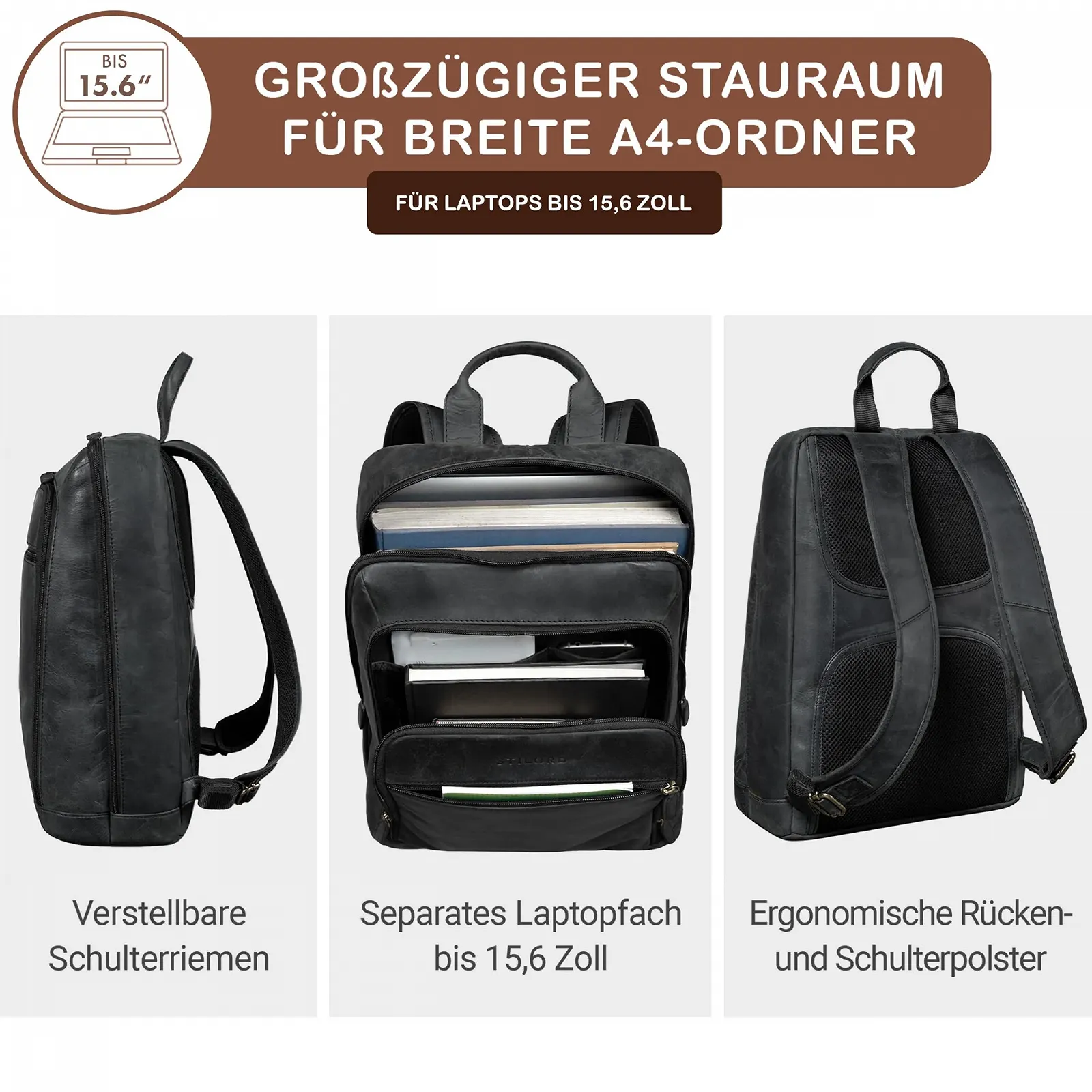 Рюкзак STILORD Watson 15.6" Кожаный Obsidian Black, фото №2