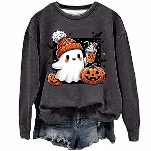Женский джемпер на Хэллоуин с длинным рукавом, круглым вырезом горловины, без капюшона, с принтом на Хэллоуин, для карнавала и фестиваля, свитшот с тыквами и привидениями, праздничная длинная рубашка, свободный топ - Фото 1