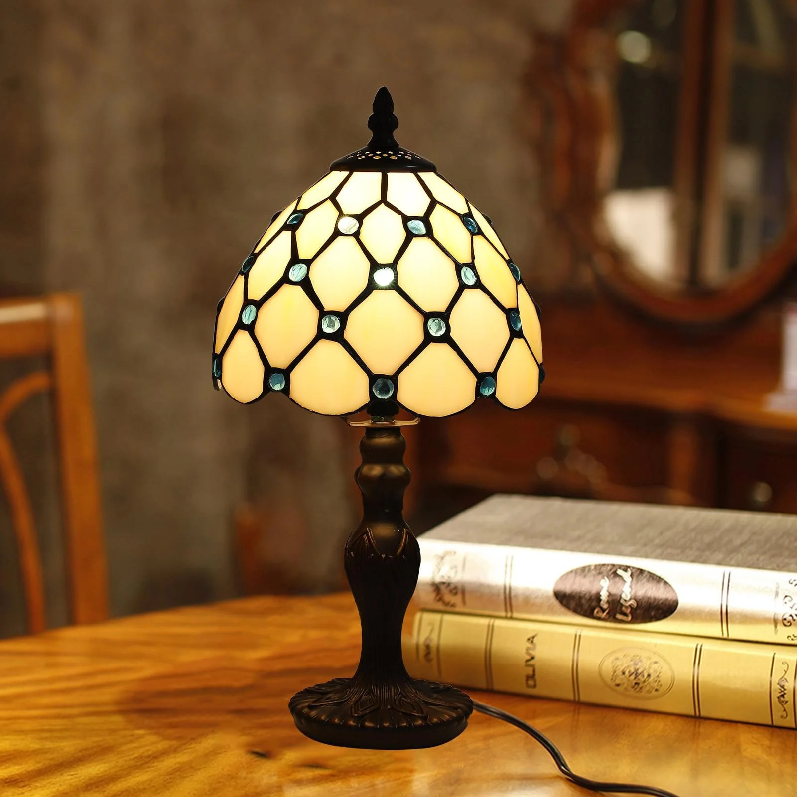Настільна лампа Tiffany Retro Decorative зі скляним вітражним абажуром та LED лампою E27 Біла перлина, фото №9