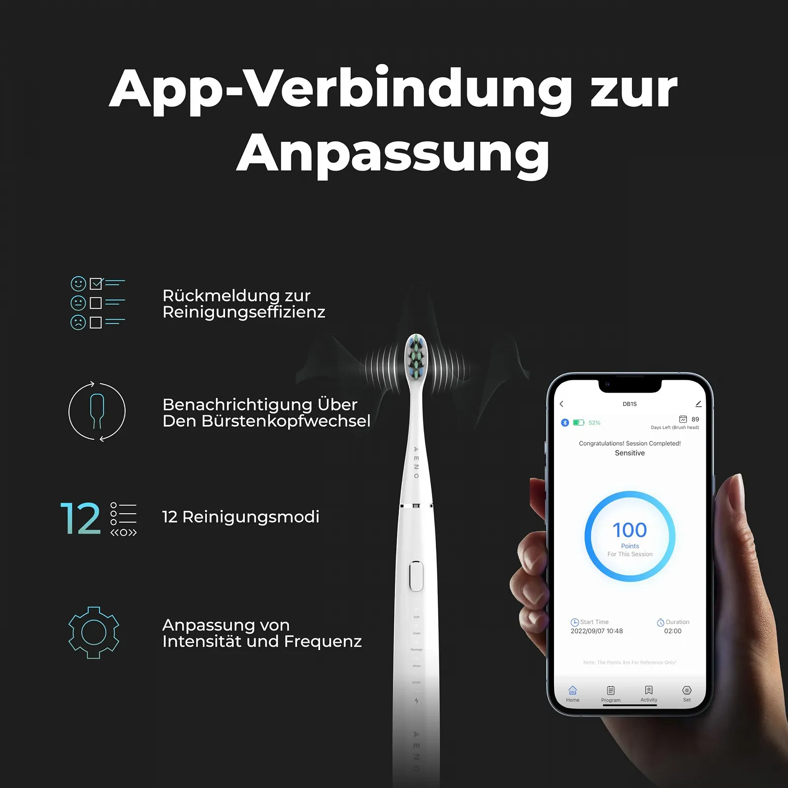 Электрическая звуковая зубная щетка AENO DB1S 12 режимов 46 000 вибраций/мин 90 дней работы, фото №3