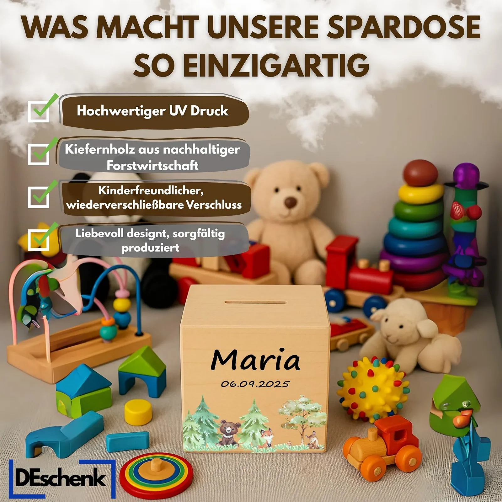 Скарбничка Лісові тварини Дерев'яна Персоналізована 9,5 x 9,5 см, фото №2