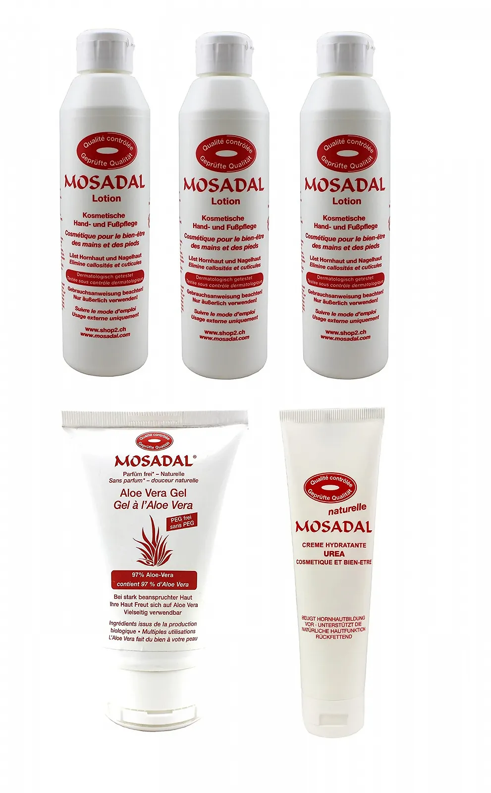 Набор для ухода за ногами Mosadal Special Set 5 шт (3x лосьон 250 мл, 1x крем Hydratante with Urea 100 мл, 1x гель Aloe Vera 100 мл), фото №1