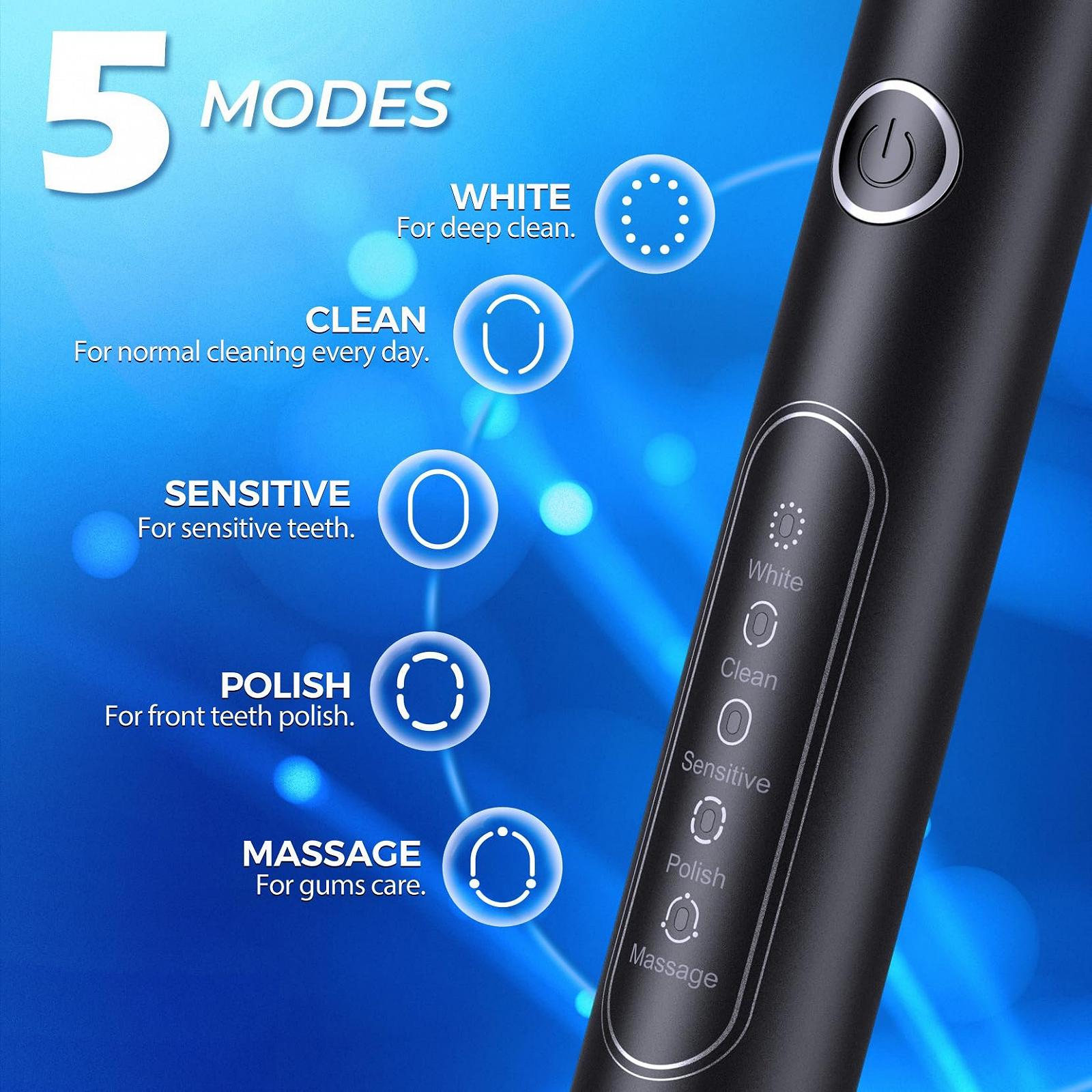 Звукова електрична зубна щітка 40 000 кол/хв 5 режимів Black, фото №5