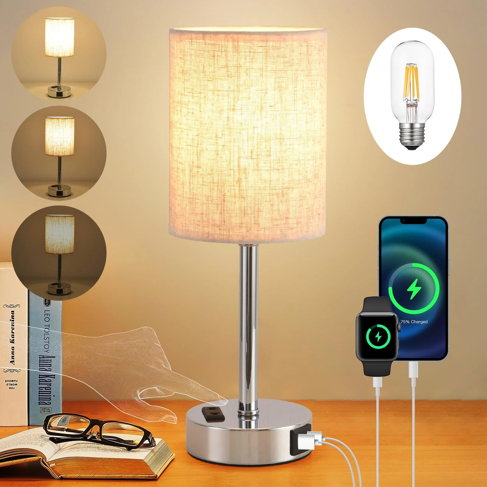 Настільна лампа LED Сенсорна Димування USB A+C Лляний абажур Бежева, фото №1