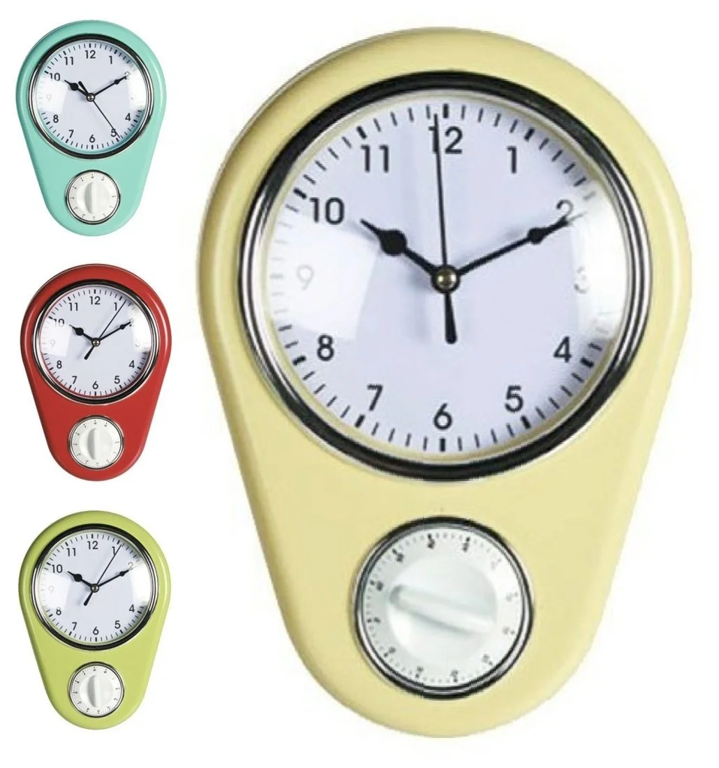 Годинник кухонний Vintage Retro 50s настінний з таймером для яєць різнокольоровий, фото №1