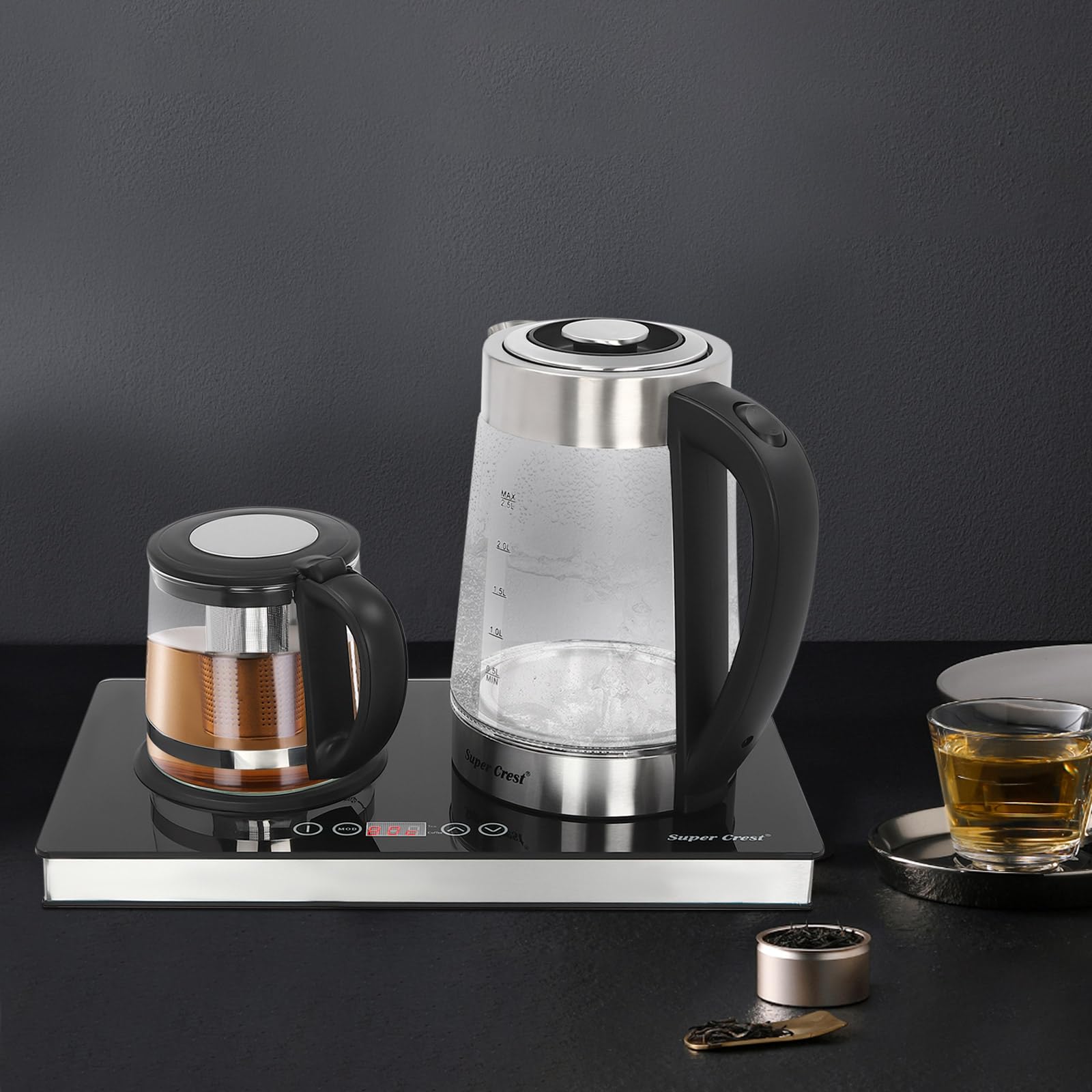 Електрочайник Double Flame 2.5 L з 5 настройками температури та LCD екраном 1800 W прозорий кавник з сенсорною базою, фото №3