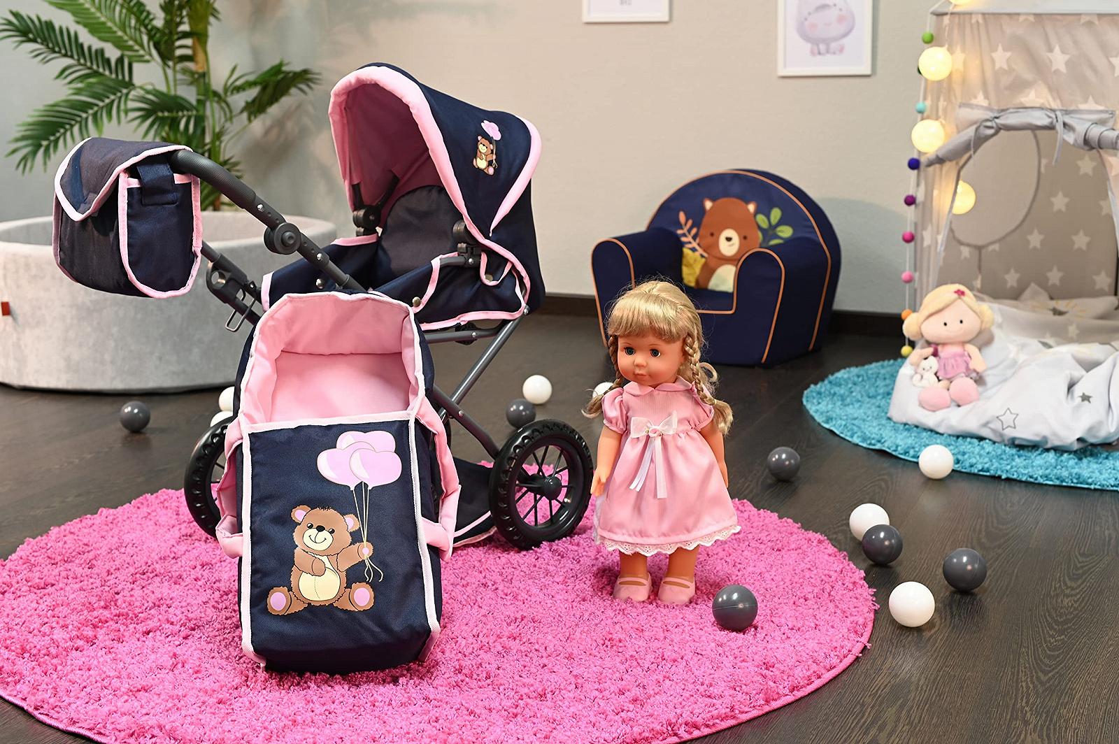 Коляска для кукол KNORRTOYS.COM Ruby 63135 Темно-синий Розовый Медведь, фото №2