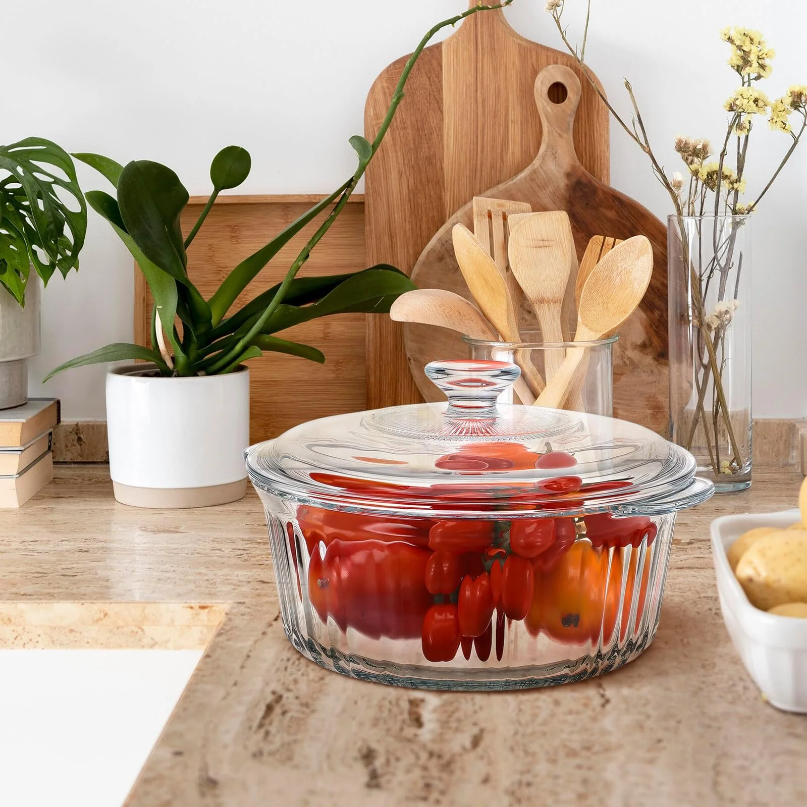 Стеклянная форма для запекания TOYANDONA с крышкой круглая термостойкая прозрачная, фото №4