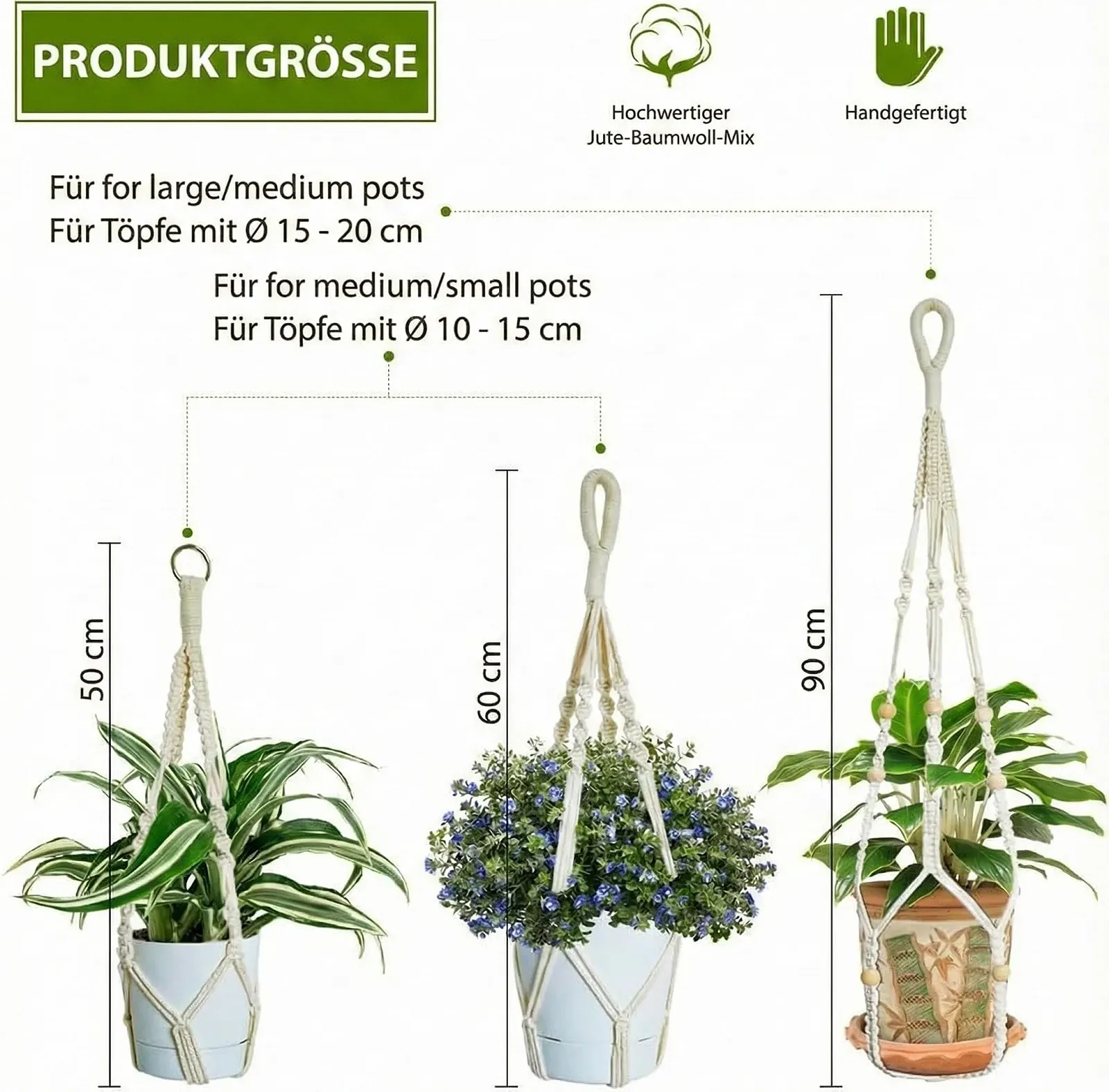 Подвесные корзины макраме AceList набор из 3 штук джутовый хлопок без кисточек Boho Cream, фото №2
