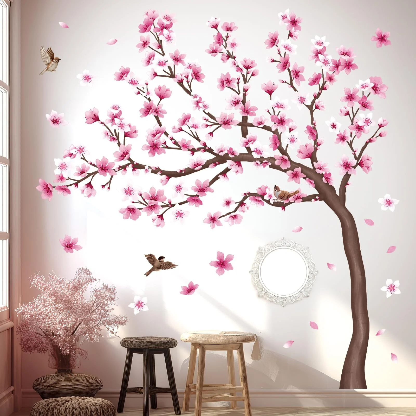 Наклейка на стіну DECOWALL SG4-2431 Сакура з птахами знімна Рожева, фото №1