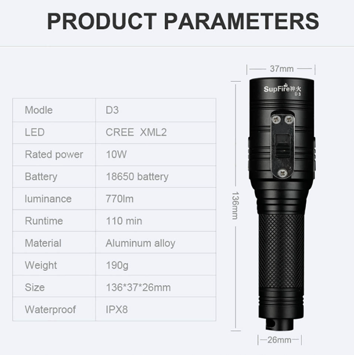Фонарь ручной для дайвинга D3 SuperFire 620 Lumen IPX8, фото №6 Фонарь ручной для дайвинга D3 SuperFire 620 Lumen IPX8, фото №6
