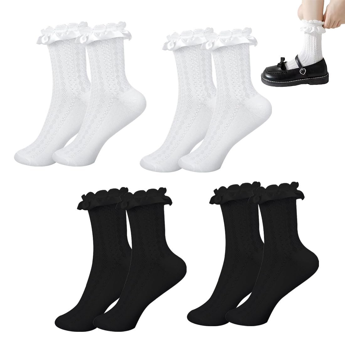 Носки с рюшами (4 пары) Белые носки с рюшами, Кружевные носки, Милые балетные носки, Носки для танцев принцессы для женщин и девочек, фото №1