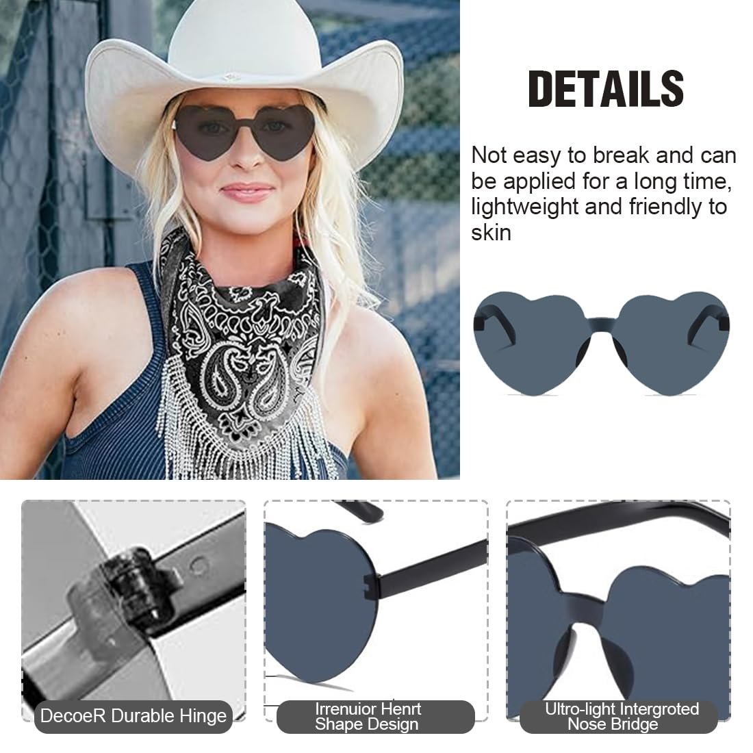 Солнцезащитные очки Без оправы ZKSXOA Форма сердца Бескаркасные, фото №4