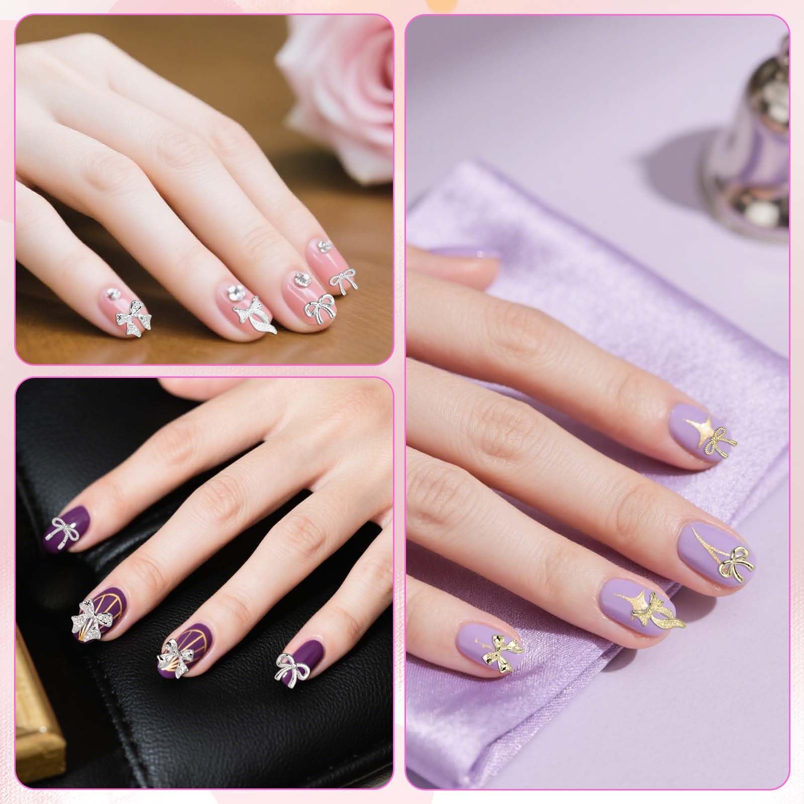 Аксесуари для нігтів Бантики 135шт Металеві прикраси у формі бантиків 5 видів Золотий, біле золото та срібний, фото №5