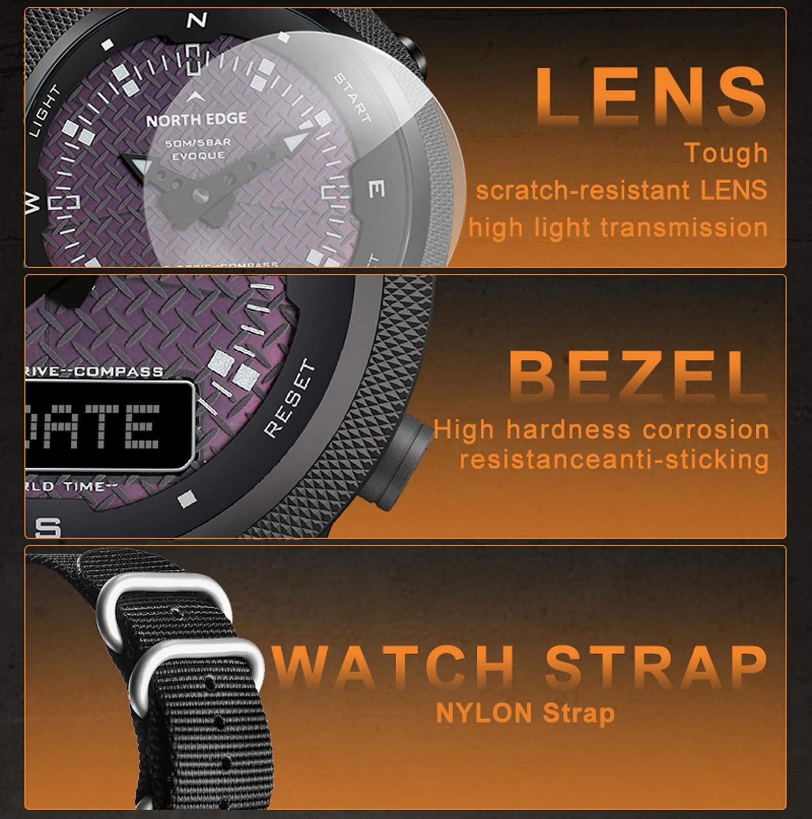 Годинник findtime Чоловічий Сонячний з компасом Мировий час Таймер Тактичний на нейлоновому ремінці Армійський Спортивний IP68 Водонепроникний чорний, фото №8