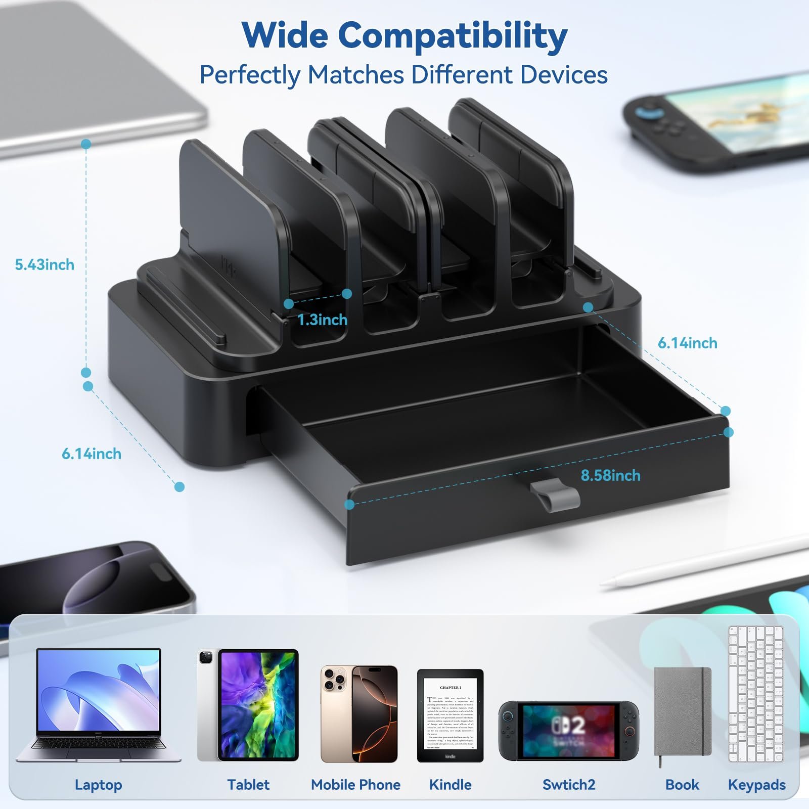 Подставка для ноутбука с ящиком KDD, пластиковый держатель для ноутбука с двойными слотами и компактным дизайном 7-в-1, регулируемая подставка для ноутбука для стола, поддержка MacBook, Chromebook, Surface, Dell, фото №5