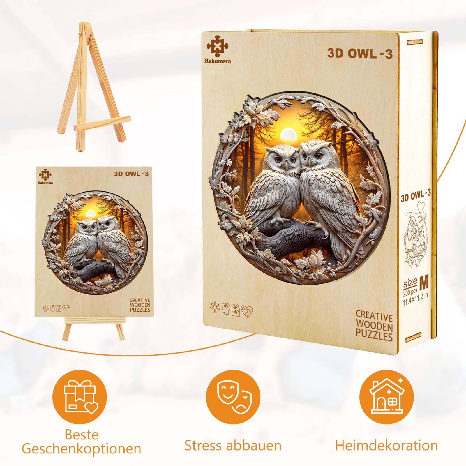 Деревянный 3D пазл Сова 300 деталей коробка подарков, фото №2