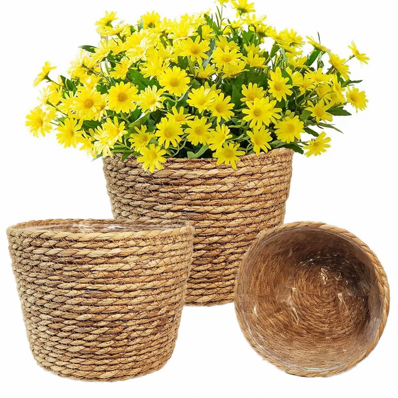 Кошики для рослин Набір 3 шт. Плетені з морської трави з пластиковою підкладкою 18/22/25 см Натуральний, фото №1