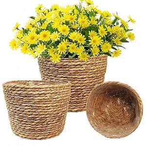 Кошики для рослин Набір 3 шт. Плетені з морської трави з пластиковою підкладкою 18/22/25 см Натуральний - Фото 1