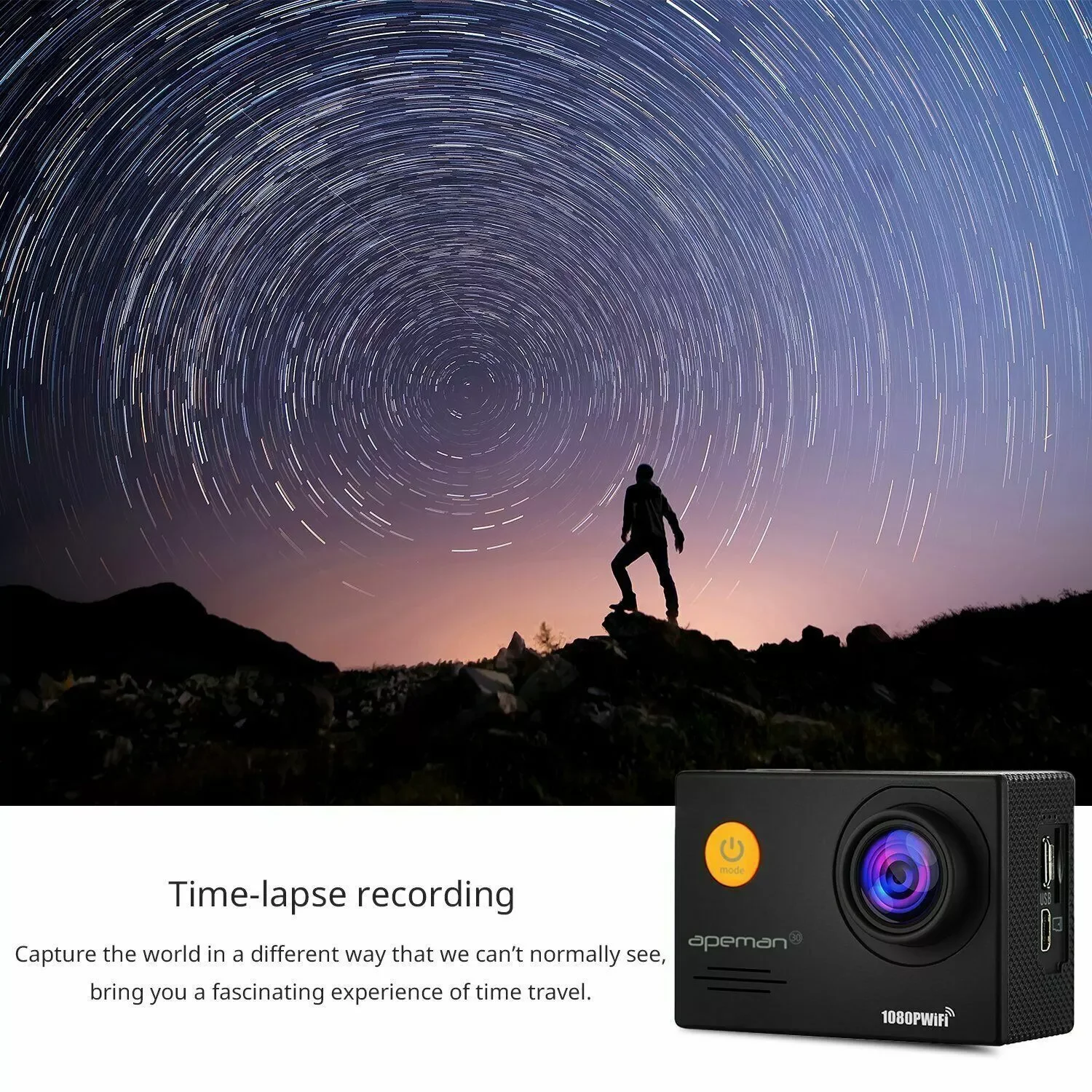 Екшн-камера APEMAN A70  / 170° / 14Мп / Full HD  / 60fps / Wi-Fi / Вологозахищена / Чорна, фото №6 Екшн-камера APEMAN A70  / 170° / 14Мп / Full HD  / 60fps / Wi-Fi / Вологозахищена / Чорна, фото №6