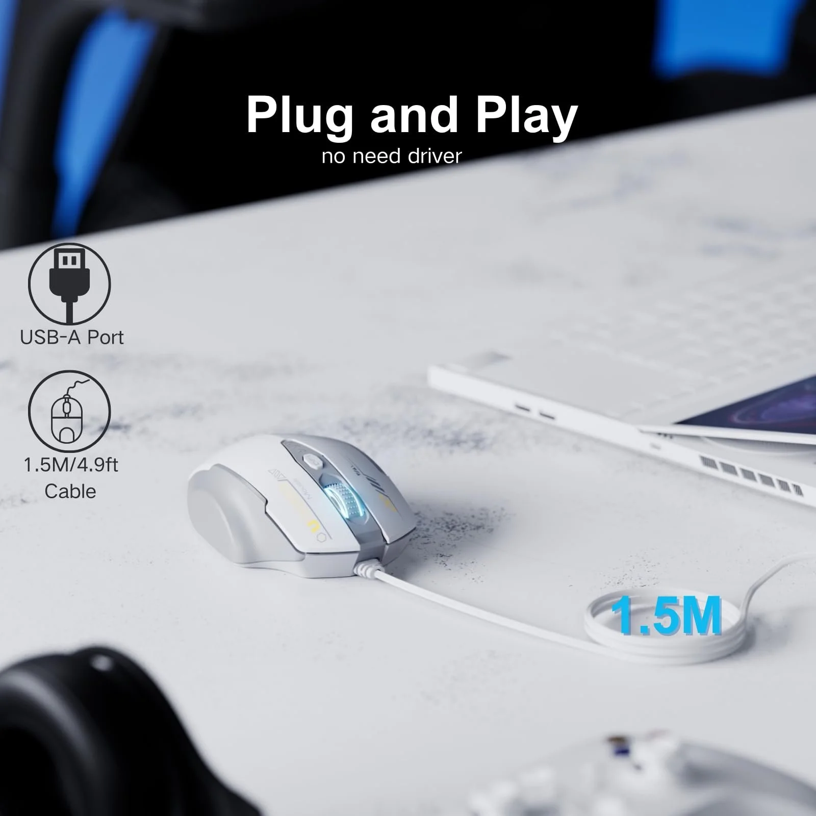 Мышь Uineer с кабелем, 7200 DPI, 6 кнопок, серо-белая, фото №3