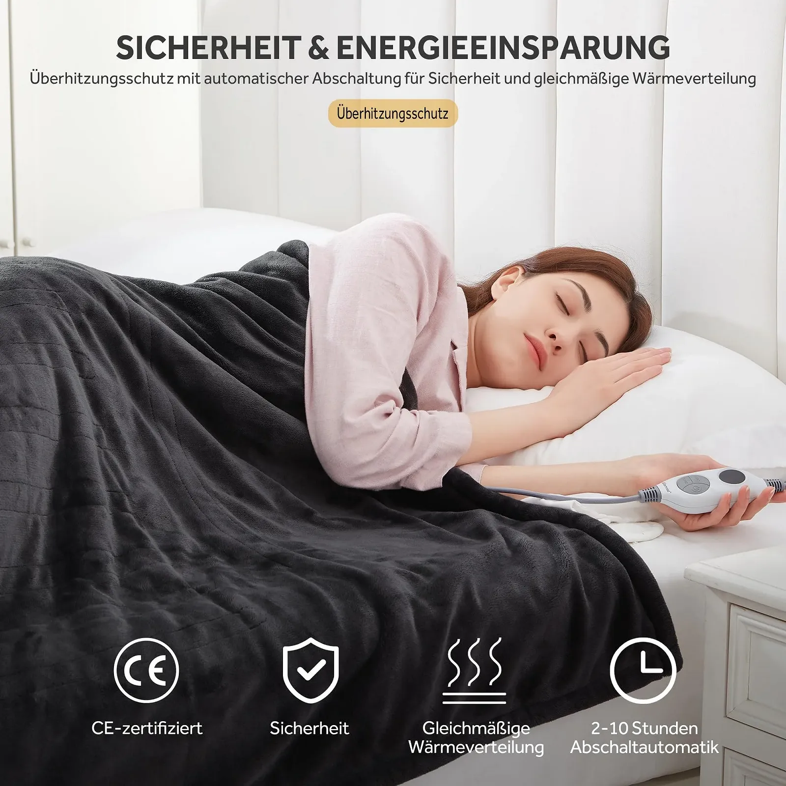 Электрическое одеяло Warmrest 130 x 100 см, фланель, 6 уровней температуры, защита от перегрева, серое, фото №3