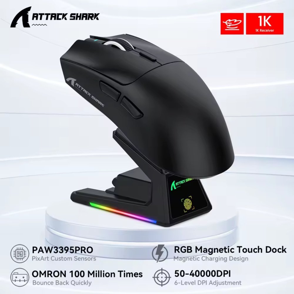 Миша Attack Shark X1 Black 40000DPI PAM3395PRO Wireless Bluetooth із зарядною базою, фото №2