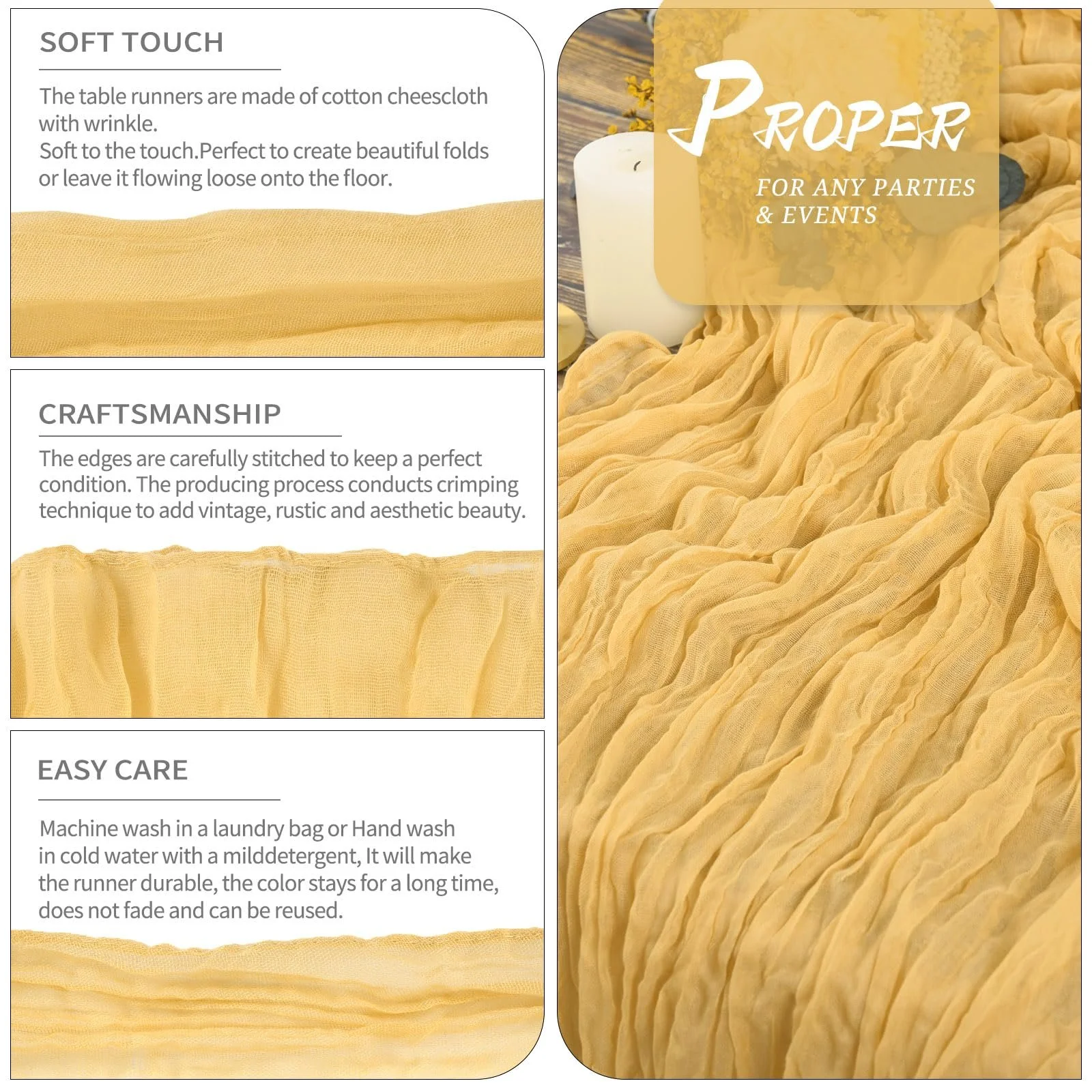 Ранер для столу YMHPRIDE Cheesecloth 6 шт. 55 x 300 см Золотистий, фото №3 Ранер для столу YMHPRIDE Cheesecloth 6 шт. 55 x 300 см Золотистий, фото №3