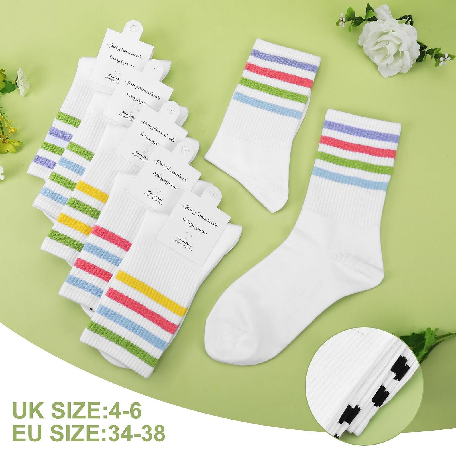 Женские теннисные носки 6 пар, хлопковые носки, спортивные носки, высокие носки в полоску, белые носки для спорта, тенниса, цветные полоски, фото №3